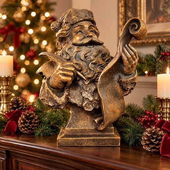 Clearance! Christmas Decorations Santa Bust Statue Holding Scroll and Quill Vintage Resin Tabletop Ornament for Mantel Shelf Fireplace Indoor Home Decor Xmas Party Display Holiday Gift