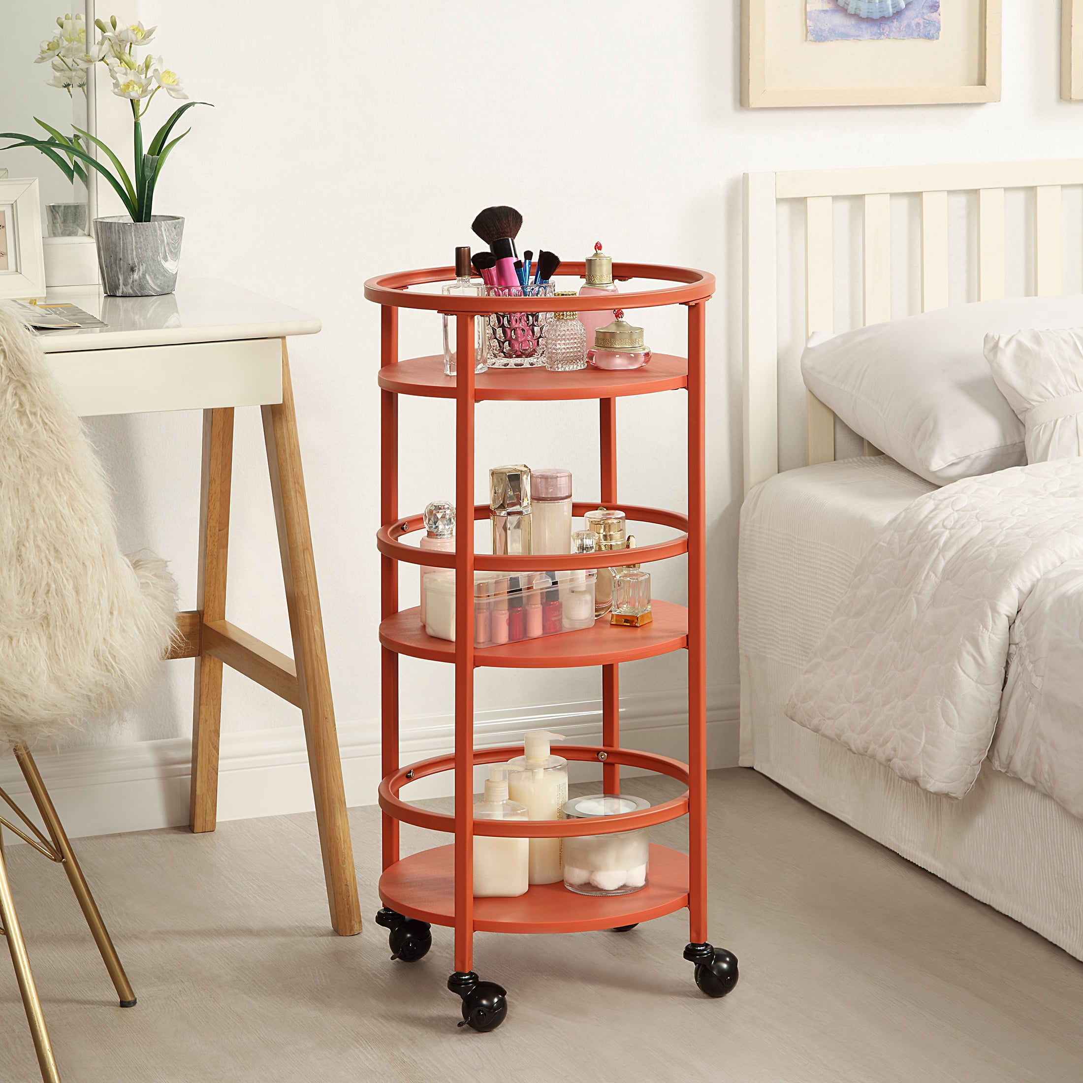 Mainstays  32" 3-Tier Rolling Round Kitchen Storage  Bar Cart, Red