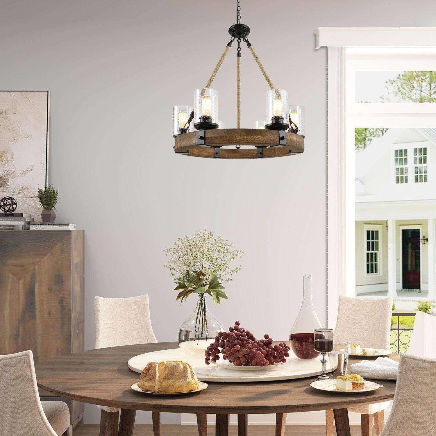 LNC 6-Light Distressed Wood and Black Wagon Wheel Chandelier with Seeded Glass