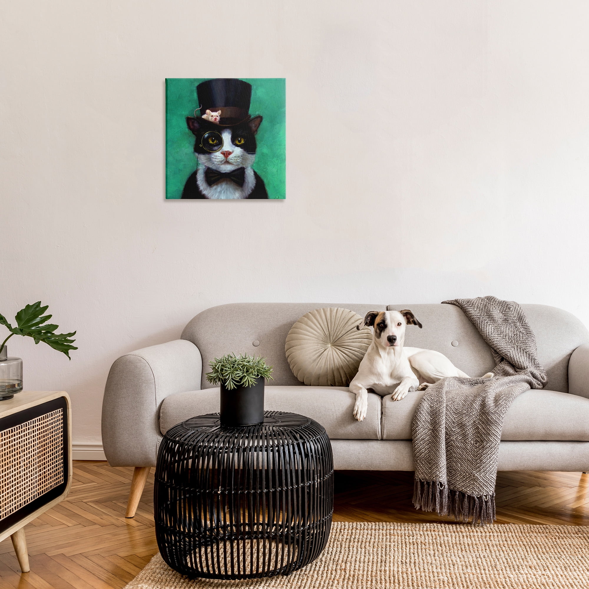 The Stupell Home Decor Collection Good Sir Top Hat Cat with a Mouse and A Monocle Turquoise Painting Stretched Canvas Wall Art, 24 x 24