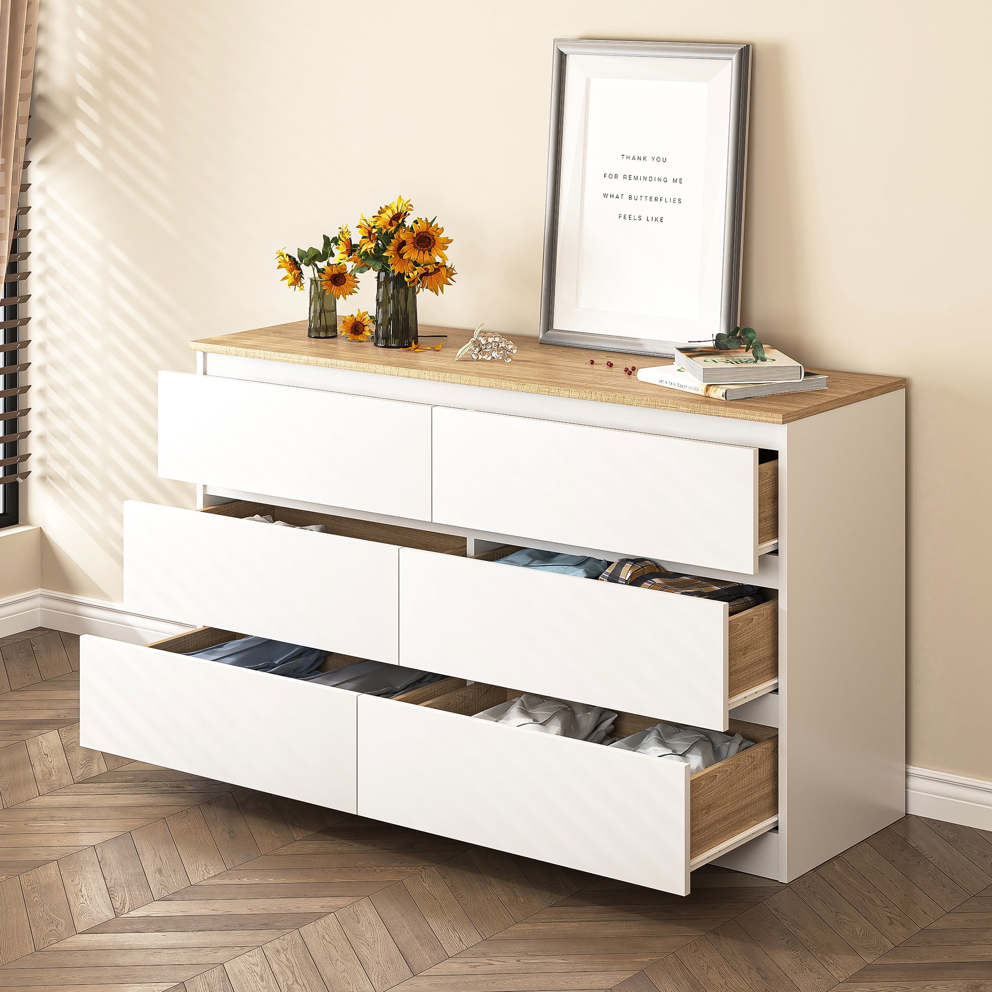 Kadyn Chest of Drawer, 6 Drawer Dresser for Bedroom, Natural Top Nursery Dresser,White