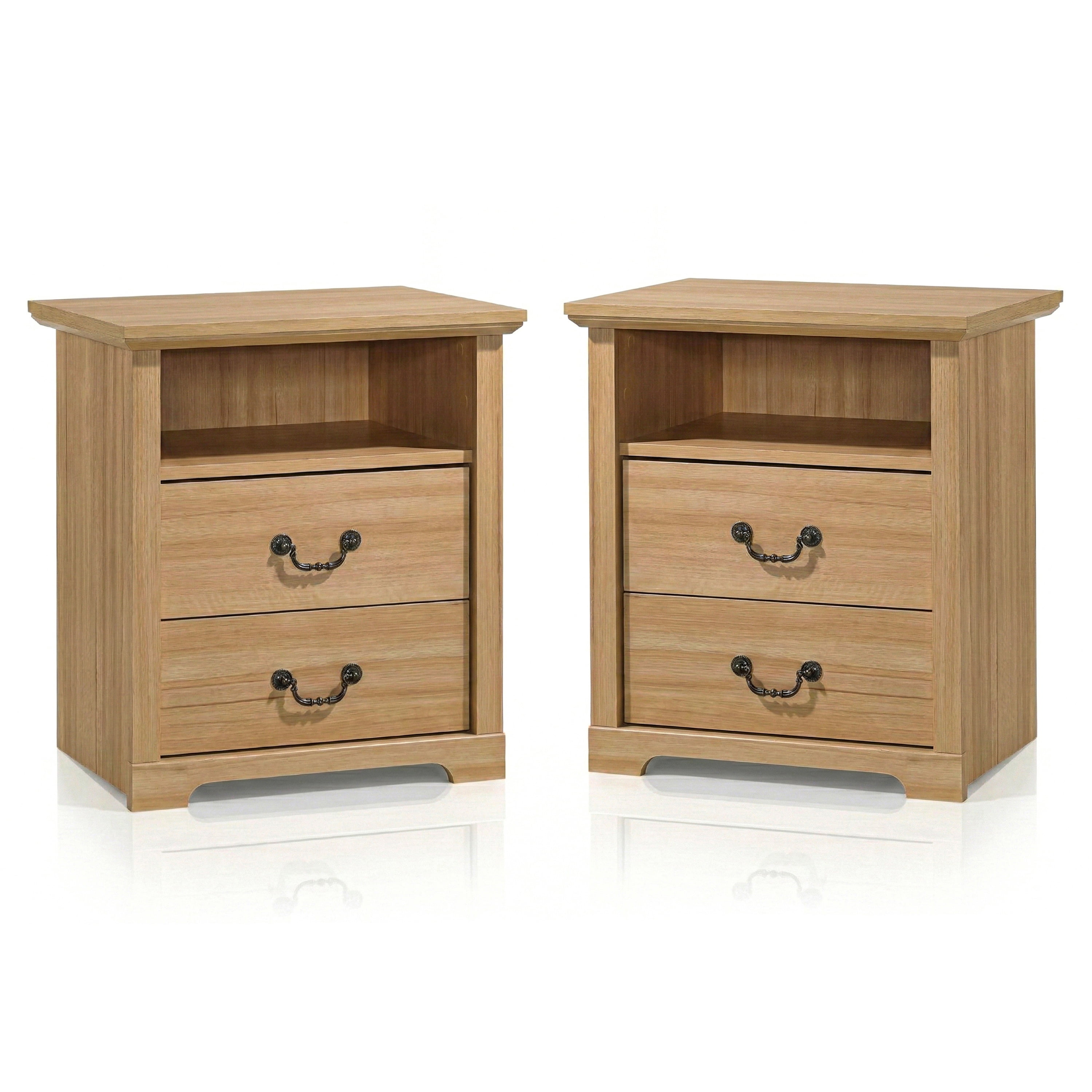 Furniture of America Chara Modern Wood 2-Drawer Nightstands with Open Top Shelf, Set of 2, Natural