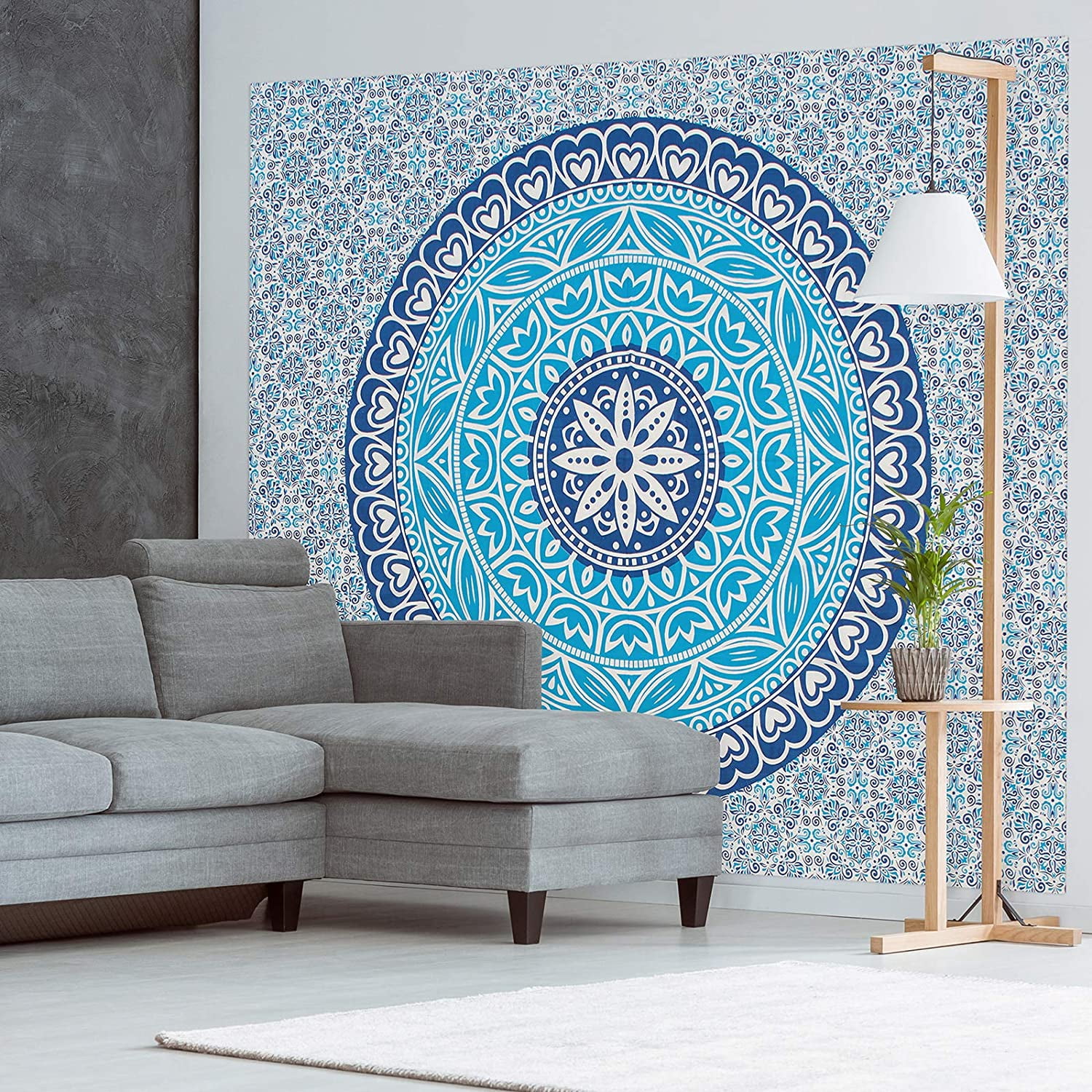 Americanflat Mandala Tapestry Wall Hanging - Boho Hippie Indie Colorful Decoration Artwork Blanket for Living Room, Bedroom, or College Dorm - Handcrafted in India 100% Cotton, Aqua Navy 84x90