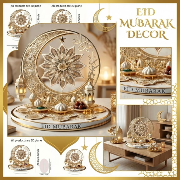 2PCS 5.9in and 7.87in Acrylic Eid Mubarak Tabletop Sign Set for Home Office Decor, 2D Ramadan Mubarak Desk Ornaments with Islamic Moon and Lantern Design