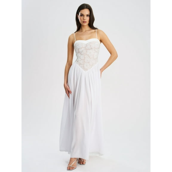Women's Ucille White Embroidered Chiffon Maxi Dress