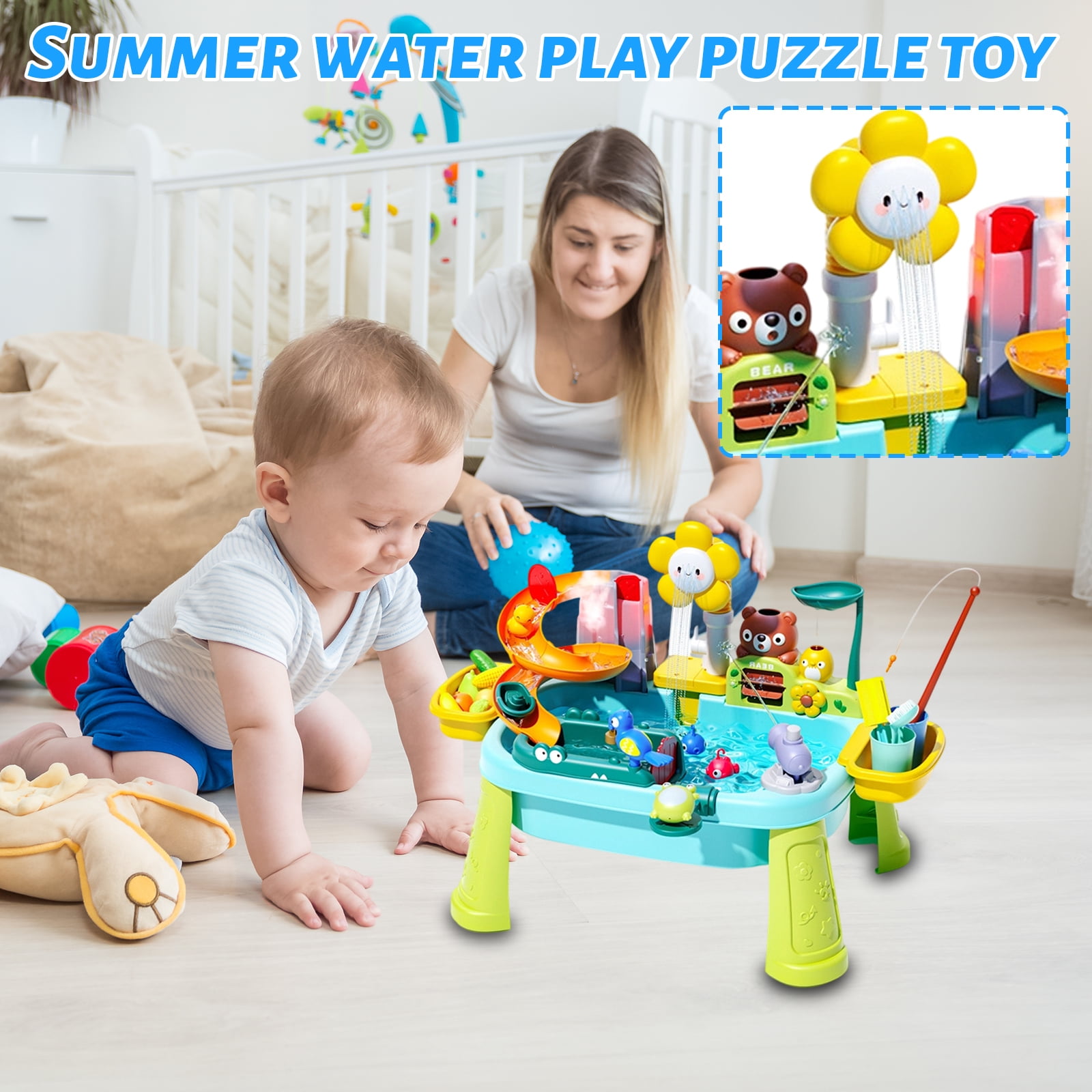 Water Play Table with Circulating Water Shower, Fishing Accessories & Interactive Play Features for Indoor Outdoor Use(23.2"L x 11.42"W x 16.5"H,Green)