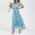 thumbnail image 2 of Youmylove Maxi Long Dresses for Women Elegant Swing Long Dress Chiffon Floral Short Sleeve Ruffle V Neck Fashion Waist Flowy Dress Vacation, 2 of 6