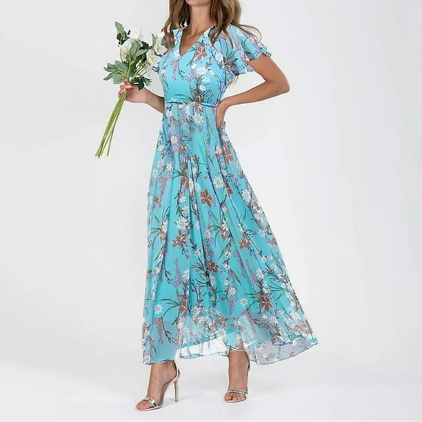 WILLBEST Vestidos de Mujer Vestidos de Mujer Vestido Largo de Gasa Floral Manga Corta Volantes Cuello En V Vestido Fluido de Cintura de Moda Vestidos Chica
