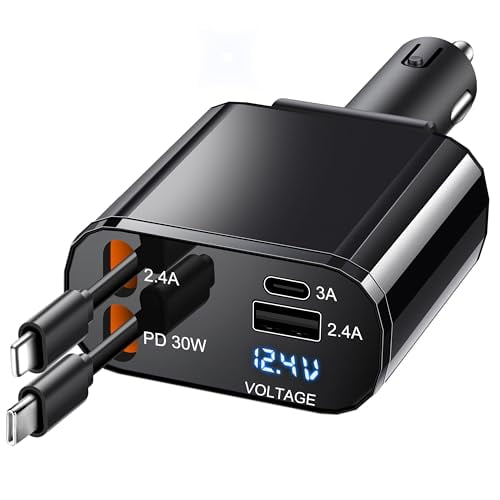 Retractable Car Charger 66W USB C Retractable with Cables,Car Phone Charger for iPhone 16/15/14 Android,Galaxy,Pixel,Car Accessories Fast Charging for Men Women,Black,