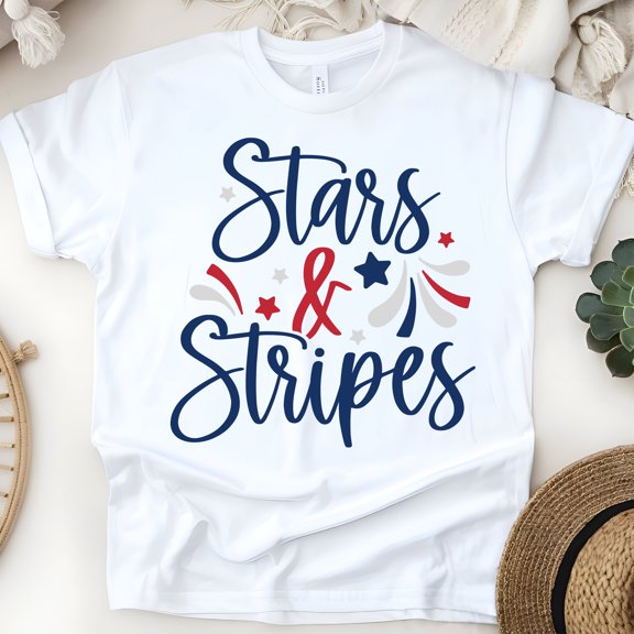 Unisex Graphic Tee, Stars and Stripes Design, Patriotic Red White Blue Shirt, White, Size S
