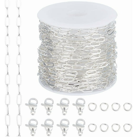 1 Roll 16.4 Feet/5m Paperclip Chain for Jewelry Making 925 Sterling Silver Plated Brass Cable Chain with 10Pcs Lobster Clasp 50Pcs Open Jump Ring for Necklace Bracelet Making Kits DIY
