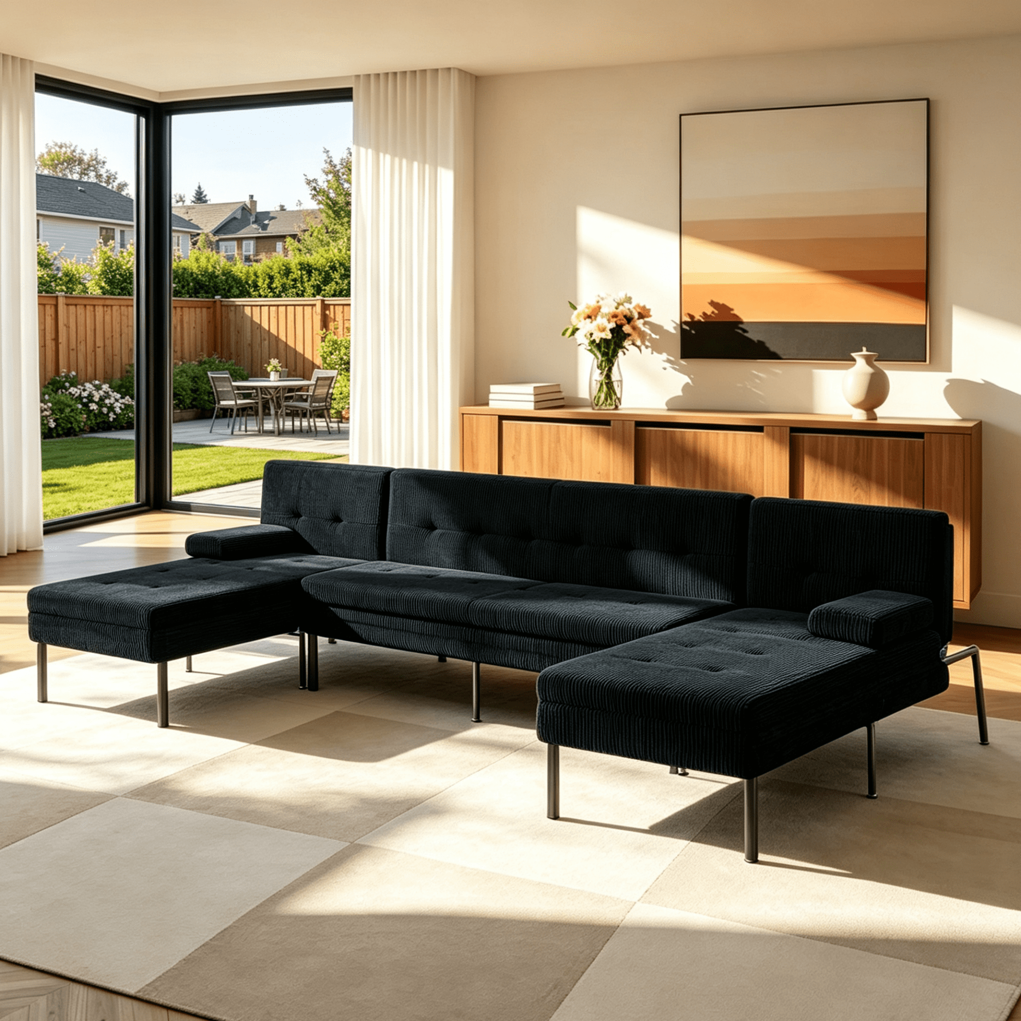 Gewnee 117.13”U-Shaped Sectional Sofa,Corduroy Couch,4 Seat Lounge Sleeper Sofa with Double Chaises for Living Room.Black