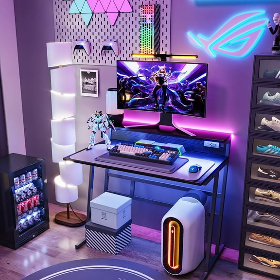 35 inch Gaming Desk with LED Lights & Power Outlets, Desk with Shelves & Monitor Stand Home Office Desk Computer Workstation Modern Writting Table (Black)