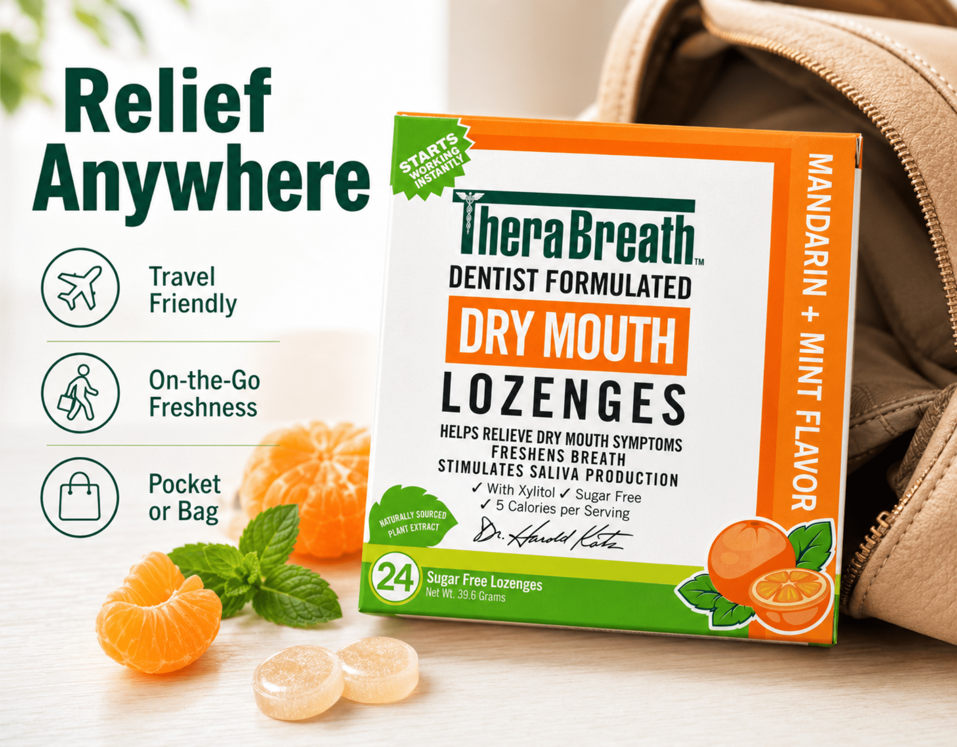TheraBreath Dry Mouth Lozenges Mandarin Mint 24 Count 6 Pack