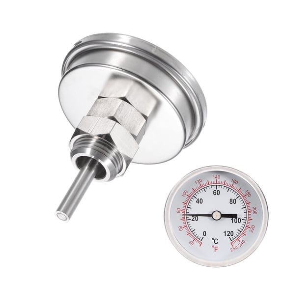 Bimetal Thermometer with 2.25in Stainless Steel Stem & 2.5in Dial, 0-120°C Temperature Range, Shatterproof Glass Lens - Industrial Grade