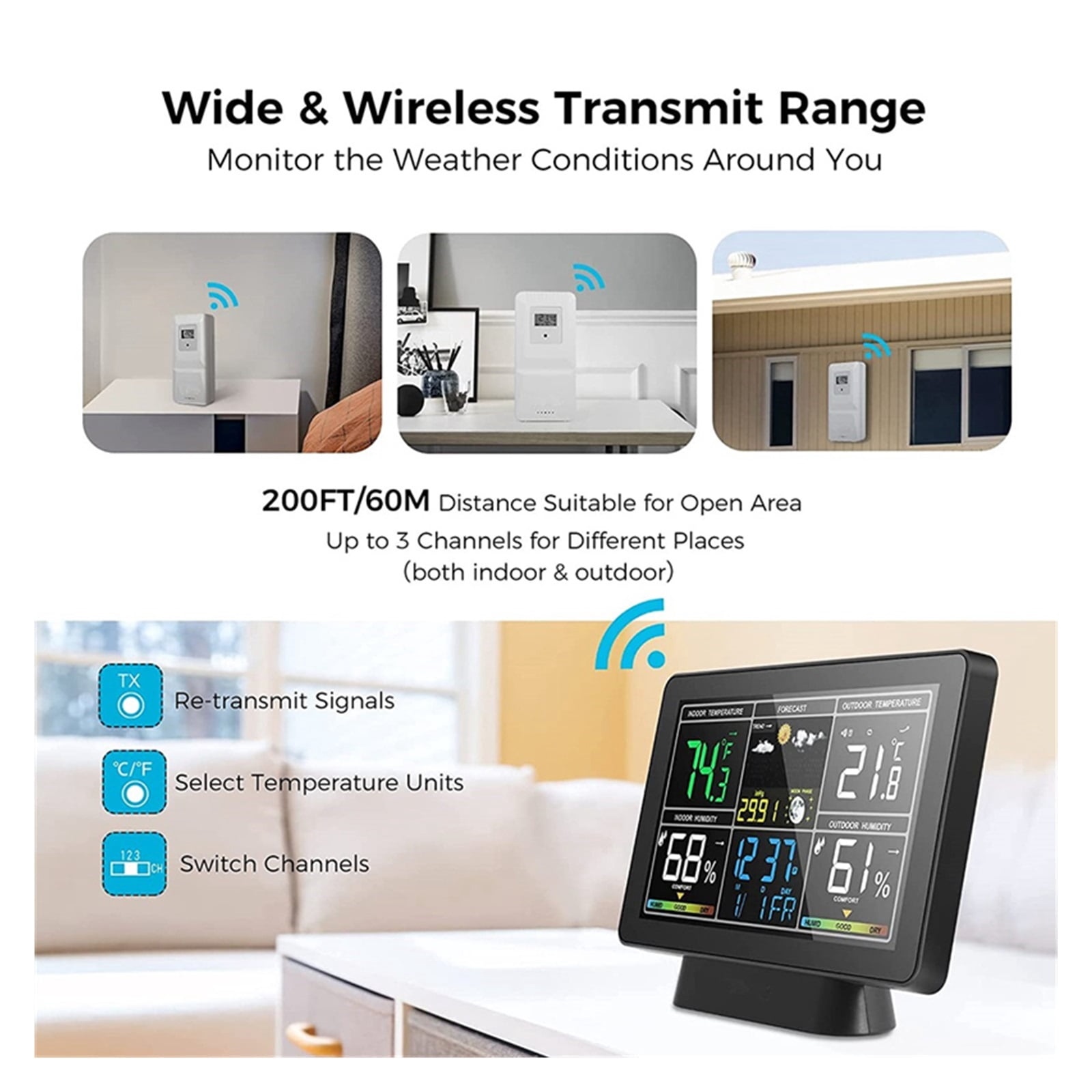 Wireless Weather Station, Long-lasting Digital Indoor Outdoor Thermometer Monitor