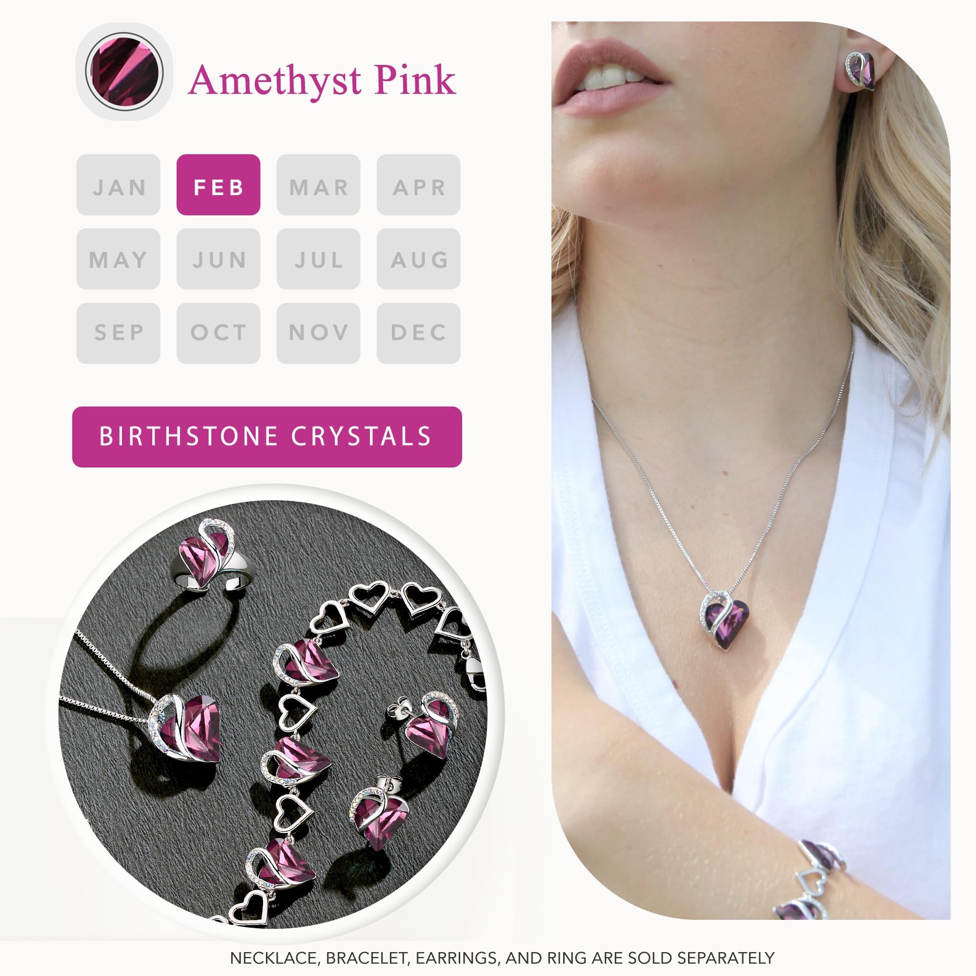 Leafael Birthstone Crystal Earrings for Women, Amethyst Purple Pink for February, Gift for Mom and Mother, Silver Stud Earring Jewelry for Ladies, Infinity Love Heart