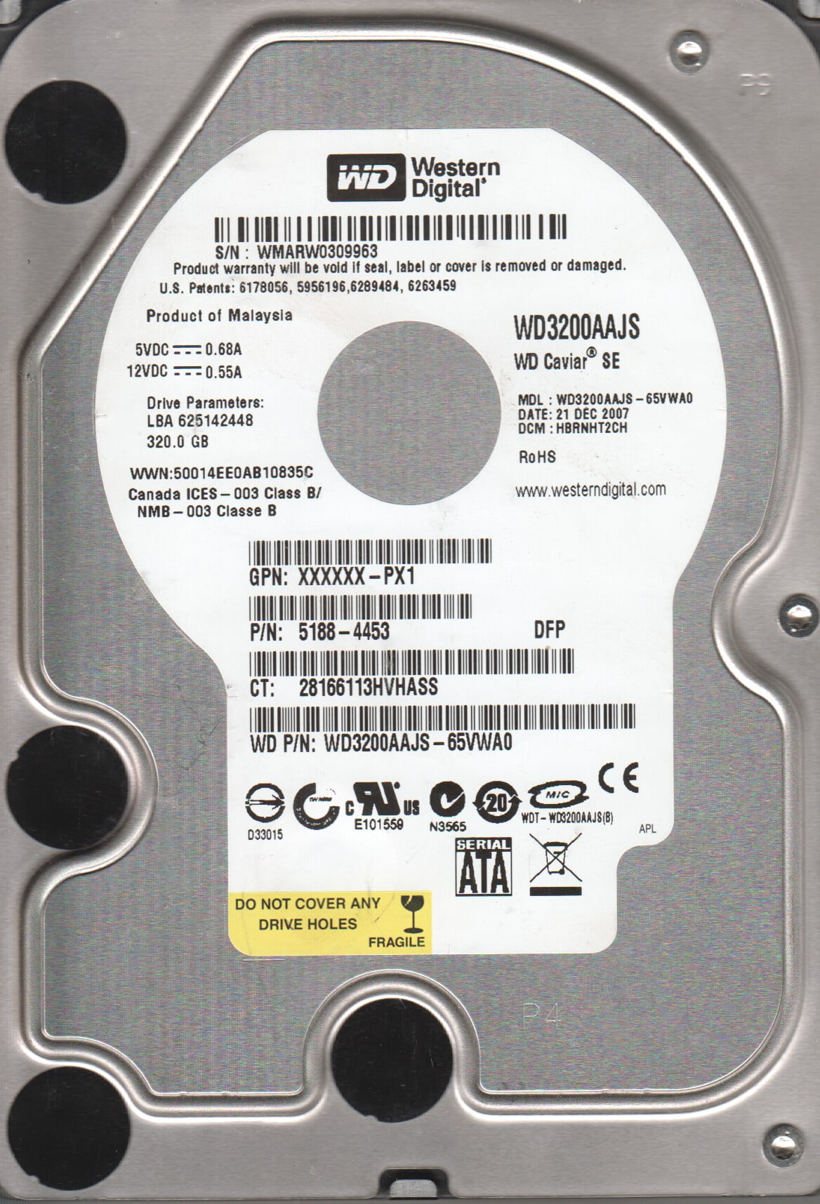 WD3200AAJS-65VWA0, DCM HBRNHT2CH, Western Digital 320GB SATA 3.5 Hard ...