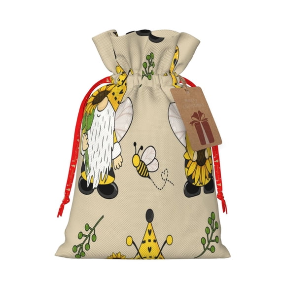 Xecao Gnomes Bees And Sunflowers Print Burlap Gift Bags with Drawstring and Gift Tags, Gift Bags, Burlap Bags, Jute Bags for Party, Christmas, DIY Craft Bags-Small