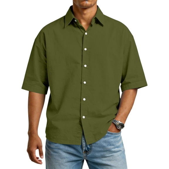 Mens Short Sleeve Button Down Shirt Classic Fit Collared Casual Top with Front Pocket for Everyday Wear Army Green L