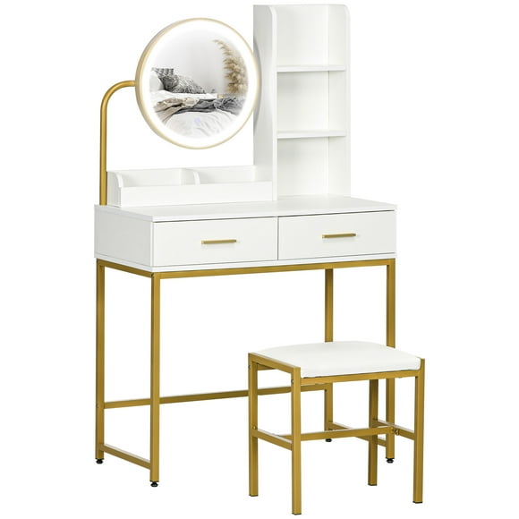 HOMCOM Makeup Vanity Desk and Stool Set with Mirror, Drawer, White