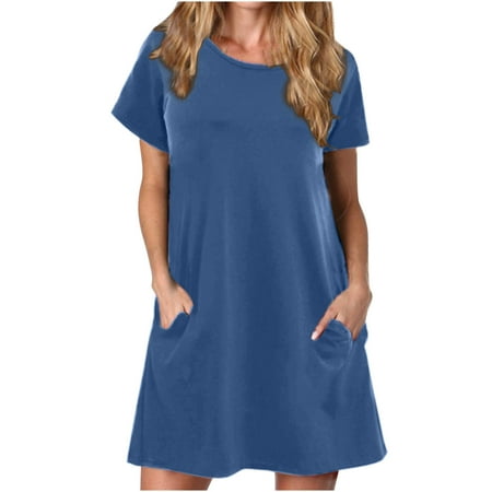 

DECILRO Women Summer Dresses 2023 Spring Casual Loose T-Shirt Tunic Short Dress Pajamas Crew neck Short Sleeve Casual Fashion 95%Polyester 5%Spandex with Pockets Navy M