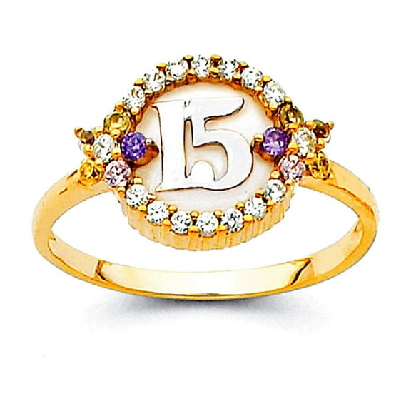 14k Yellow Gold Quinceanera Sweet 15 Years Cubic Zirconia Ring Size 7 Ring for Women - 2.2 Grams