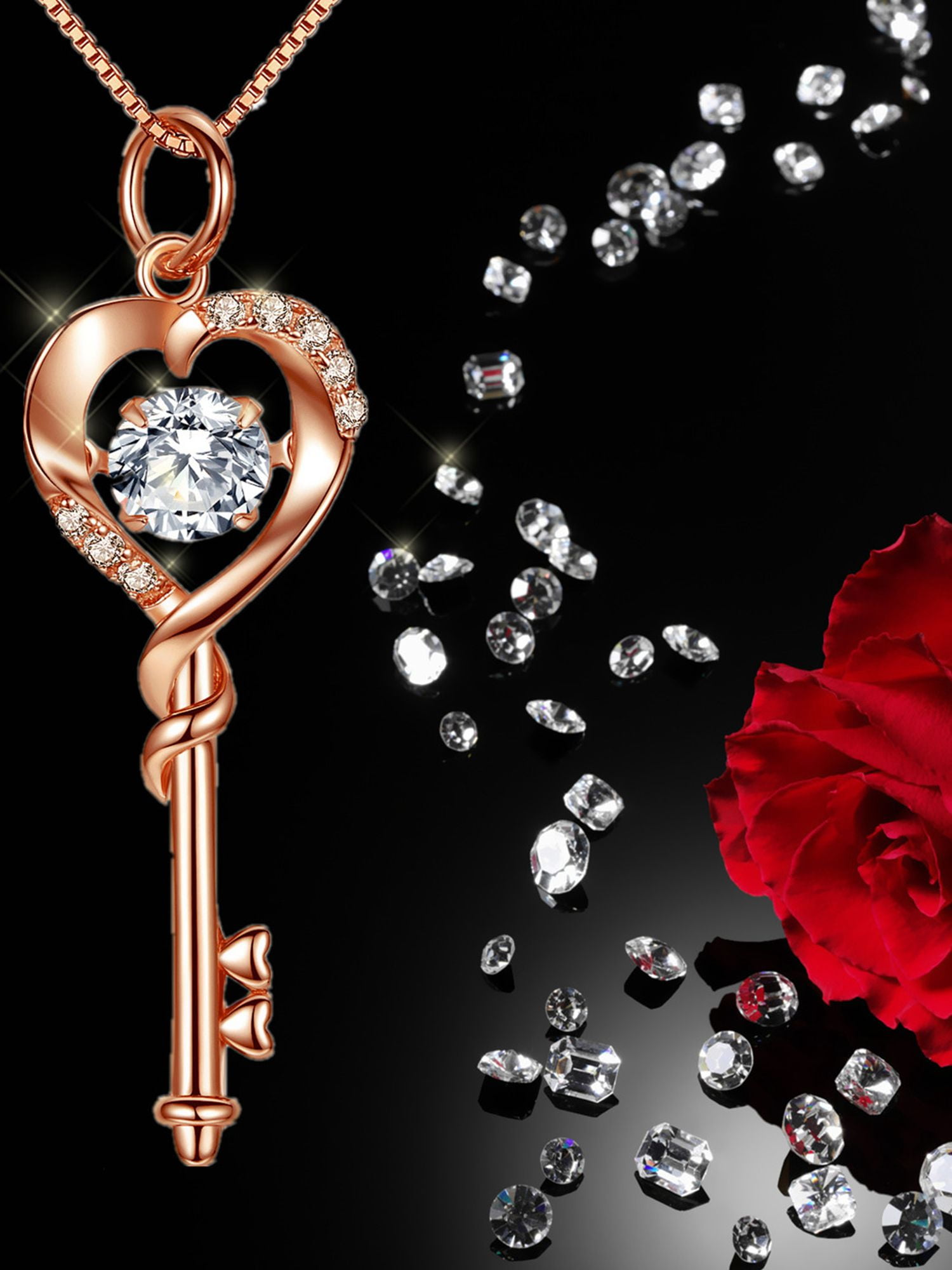 MABELLA Dancing Diamond Key to Heart Rose Gold Plated Sterling Silver Key Pendant Necklace, Mother's Day Gifts for Women