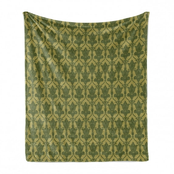 Damask Soft Flannel Fleece Throw Blanket, Floral Theme Victorian Motifs Along Royal Flowers Pattern Antique Art, Cozy Plush for Indoor and Outdoor Use, 50" x 70", Olive Green and Khaki, by Ambesonne
