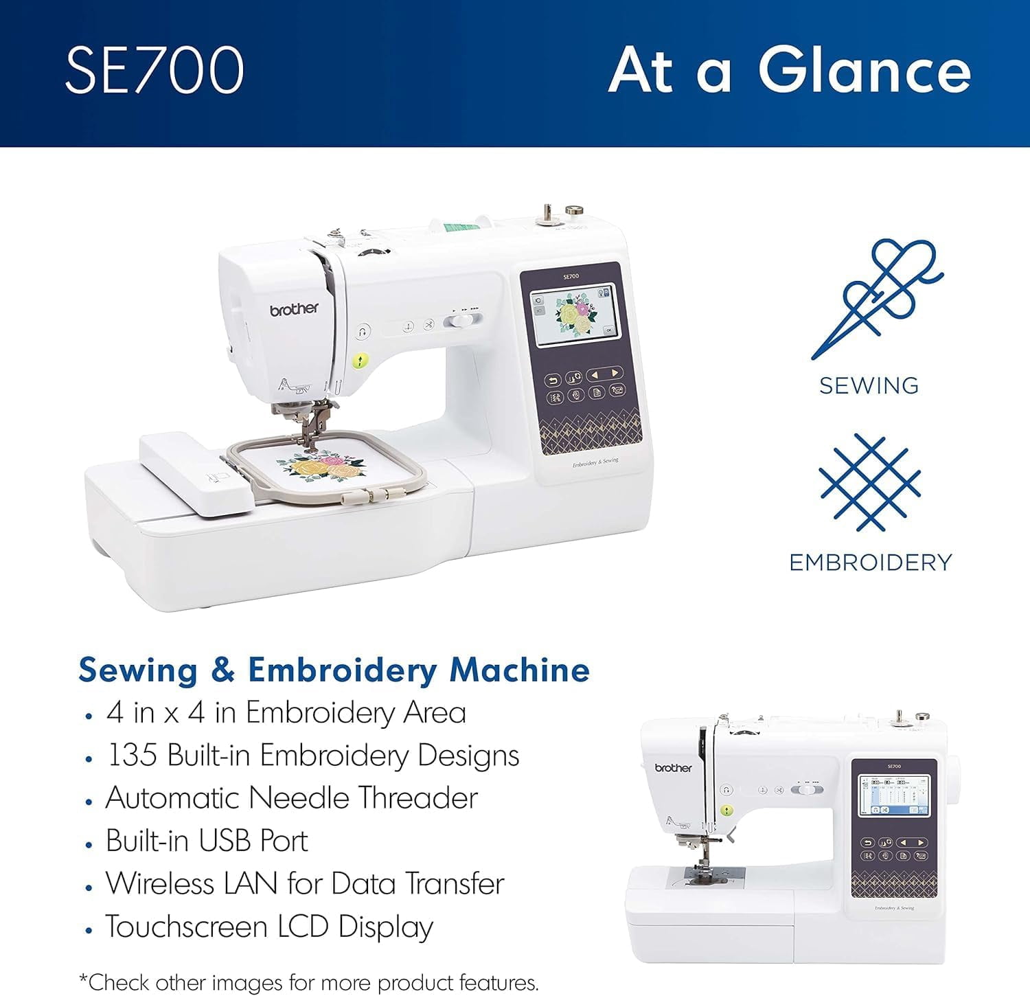 Brother SE700 Sewing and Embroidery Machine, Wireless LAN Connected, 135 Built-in Designs, Computerized, 4" x 4" Hoop Area, 5-Foot Embellishment Pack, Premium Embroidery Thread 6 Spools