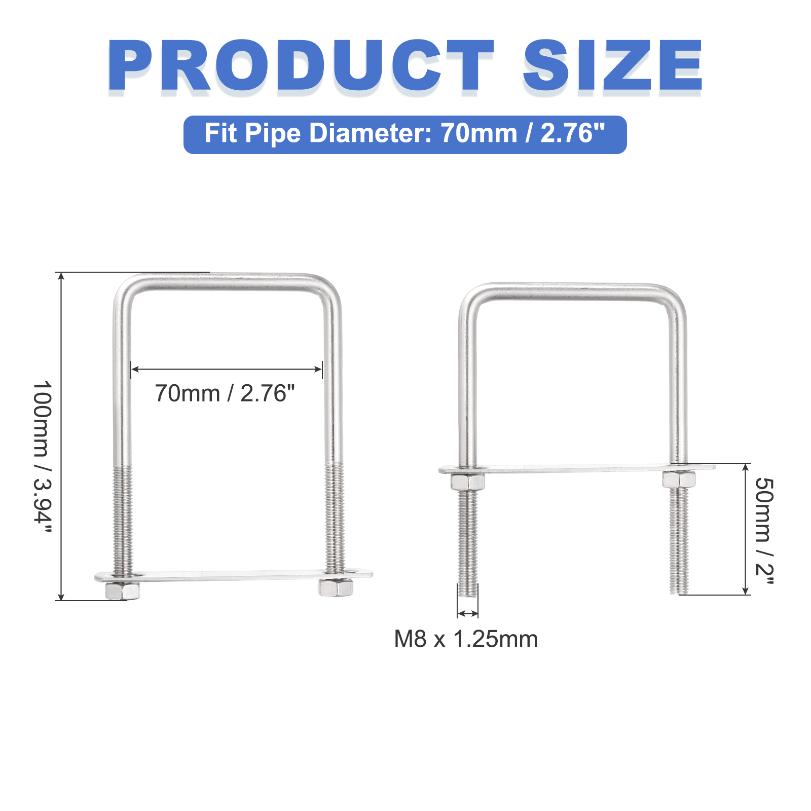 Uxcell 4 Sets M8 Square U-Bolts, 2.76" Inner Width 3.94" Length 304 Stainless Steel U Clamp Bolts with Nuts, Plates and Wrench