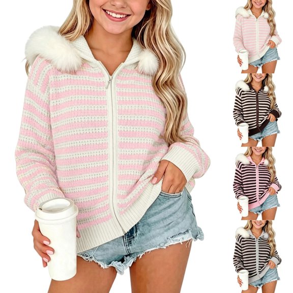 Acaics Girls' Striped Waffle Knit Zip Up Hoodie: Faux Fur Trim Hood Casual Knit Jacket for Teens Ages 7–15