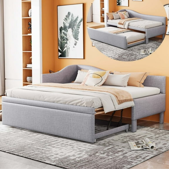 Bellemave Twin Size Daybed with Pop Up Trundle, Velvet Upholstered Twin to King Sofa Extendable Bed Frame, Space-Saving Daybed for Bedroom, Living Room(Gray)