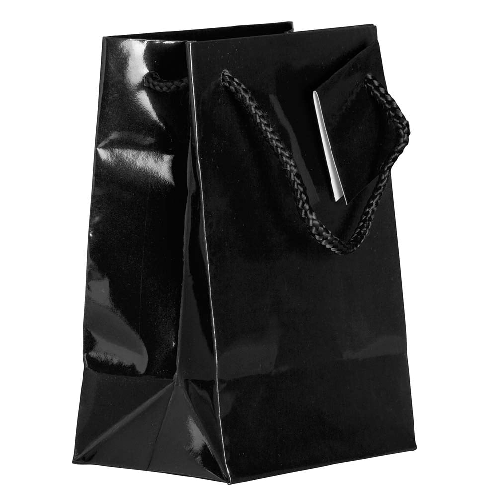 JAM Gift Bags with Rope Handles, Small, 4 x 5 1/2 x 2 1/2, Black Glossy