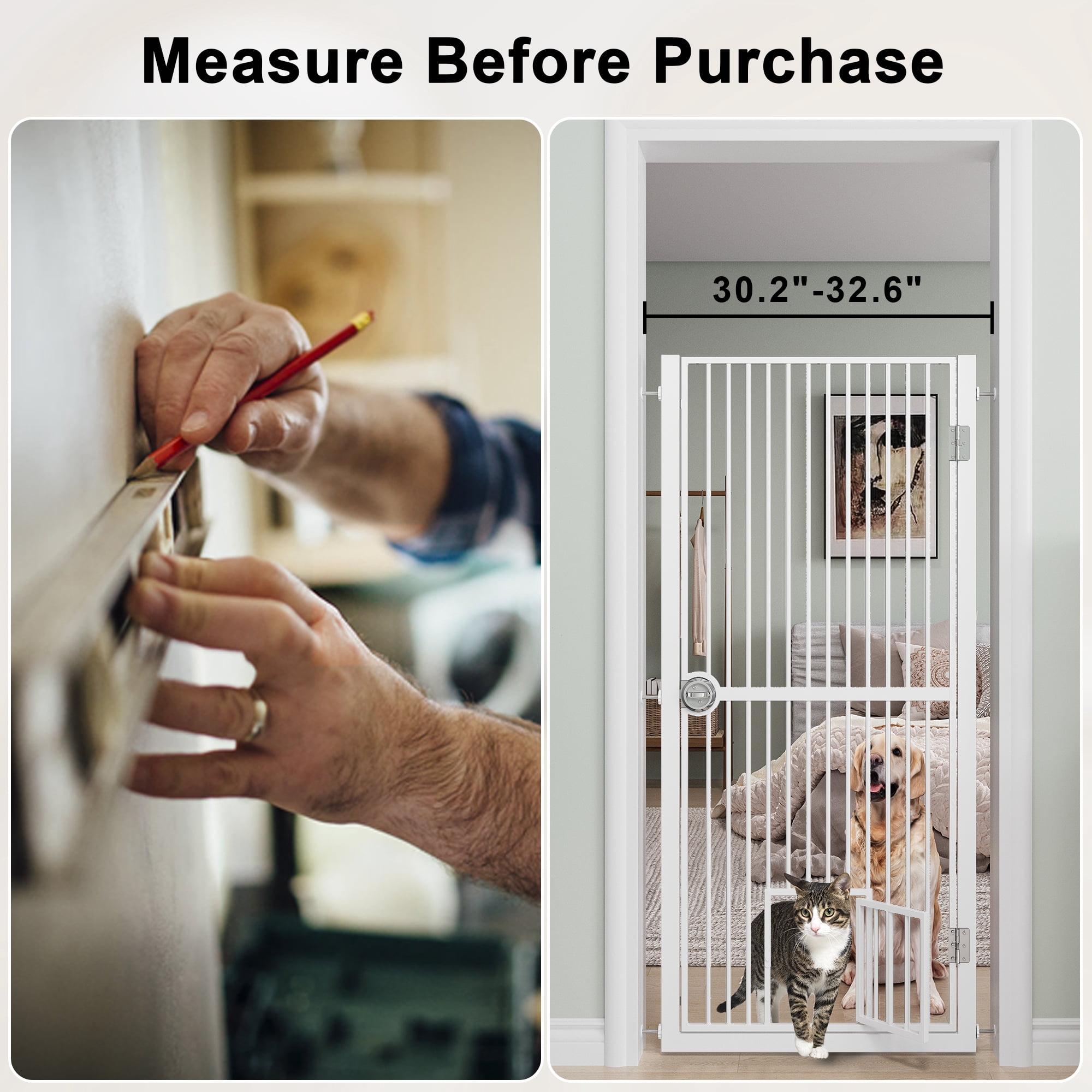 61" Extra Tall Cat Gate for Doorway, 30.2"-32.6" Adjustable Width Pet Gate with Cat Door, Walk-Through Design, Pressure Mount No Drill Installation, White