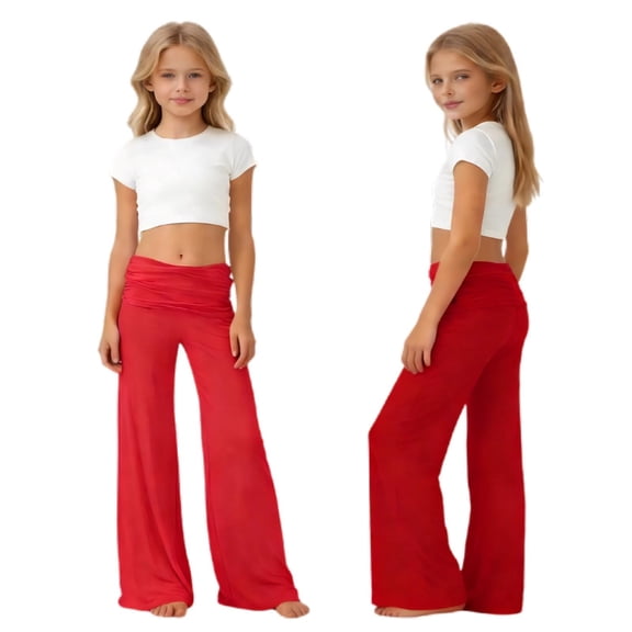 Mercatoo Teens Girls Ruched Waist Wide Leg Pants, Soft Stretch Knit Trousers with Fold Over Waist, Casual Bottoms for School and Lounge