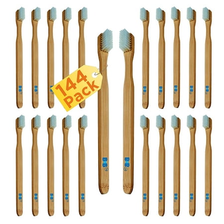 144 Pre-Pasted Bamboo Toothbrushes - Vegan - Eco-Friendly Biodegradable Bamboo Handle - Soft Bristles - Refreshing Mint Flavor Paste (144 Pack)