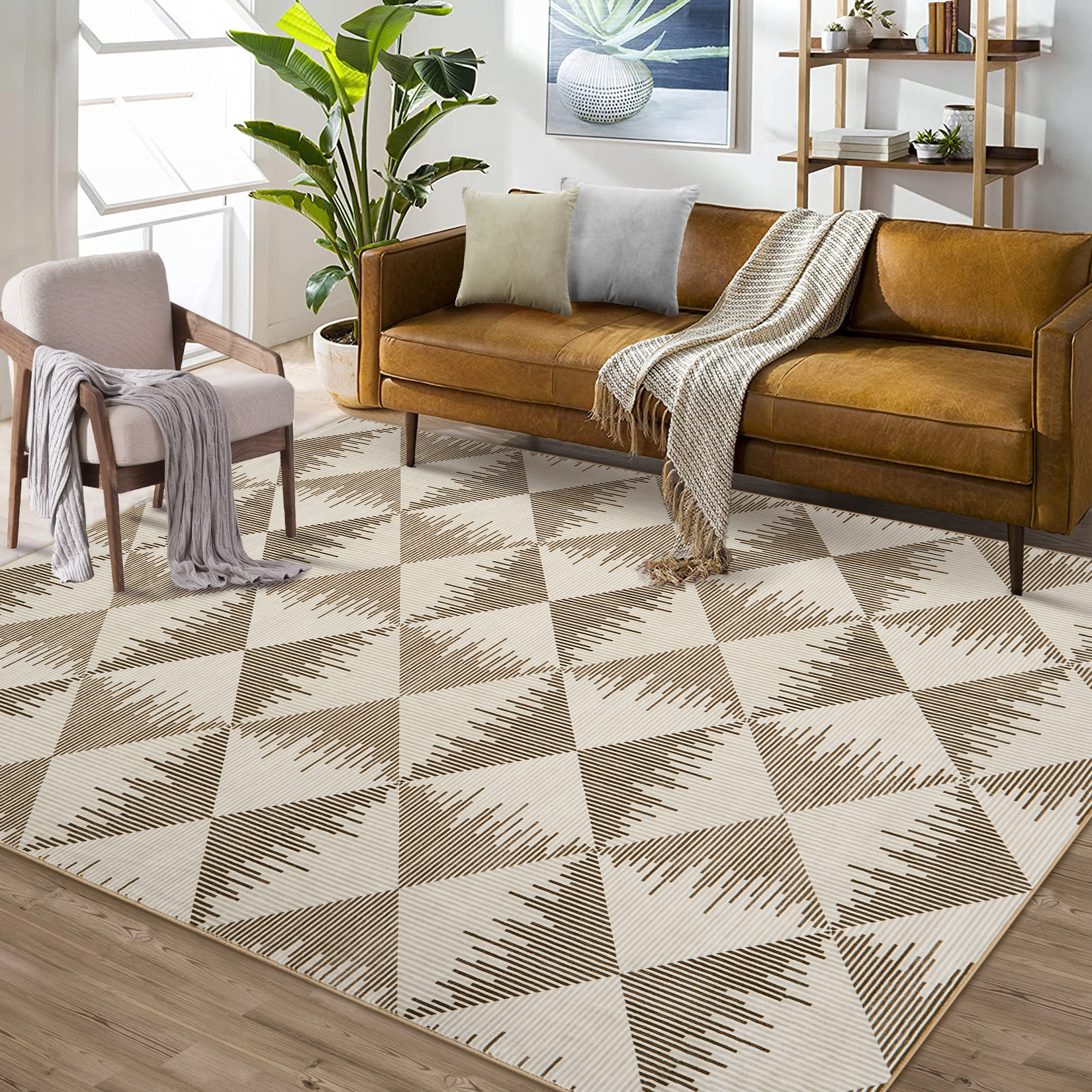 5x7 Washable Area Rugs for Living Room Non Slip Low Pile Modern Geometric Farmhouse Dining Room Carpets for Bedroom Dorm Beige