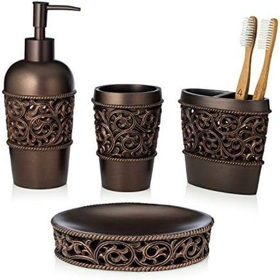 4-Piece Bronze Bathroom Accessory Set, Complete Set Includes: Toothbrush Holder, Lotion Dispenser, Tumbler and Soap Dish