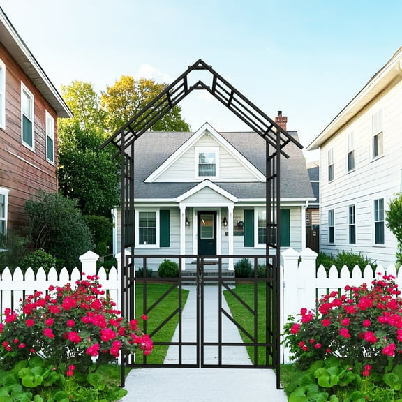 Yoneston 97.24" H Metal Garden Arbor with Gate, Garden Arch for Climbing Plants Support Rose Arch Outdoor Wedding Decor, Black
