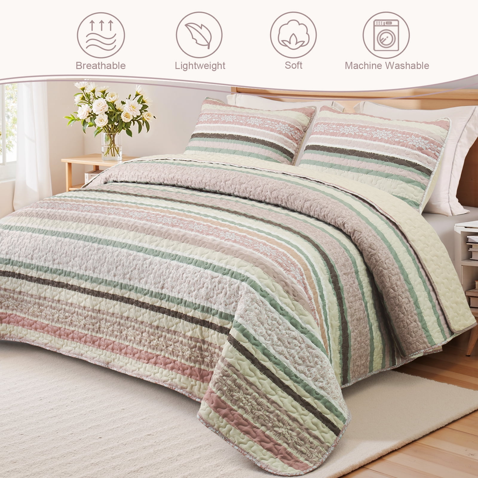 Exclusivo Mezcla Reversible Boho Quilt Set Queen Size, 3 Pieces Bohemian Striped Pink All Season Bedspreads, Ultra Soft Floral Coverlet Bedding Set with Printed Pattern (1 Quilt, 2 Pillow Shams)