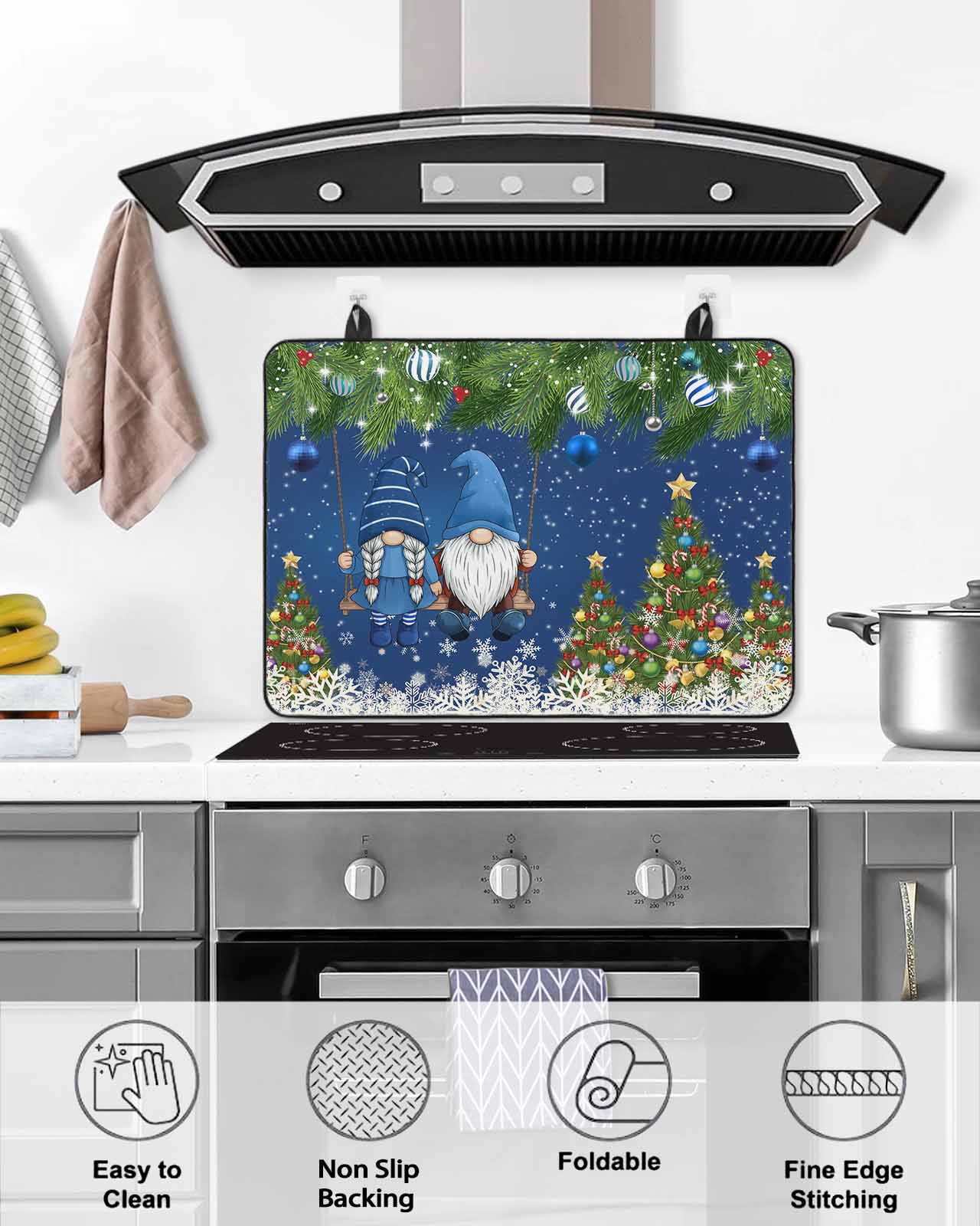 Large Induction Cooktop Protector Mat Blue Gnomes Christmas Stove Top Covers for Electric Stove, Xmas Tree Weeping Balls Snowflake Decorative Stove Burner Cover Mats, Glass Top Stove Cover