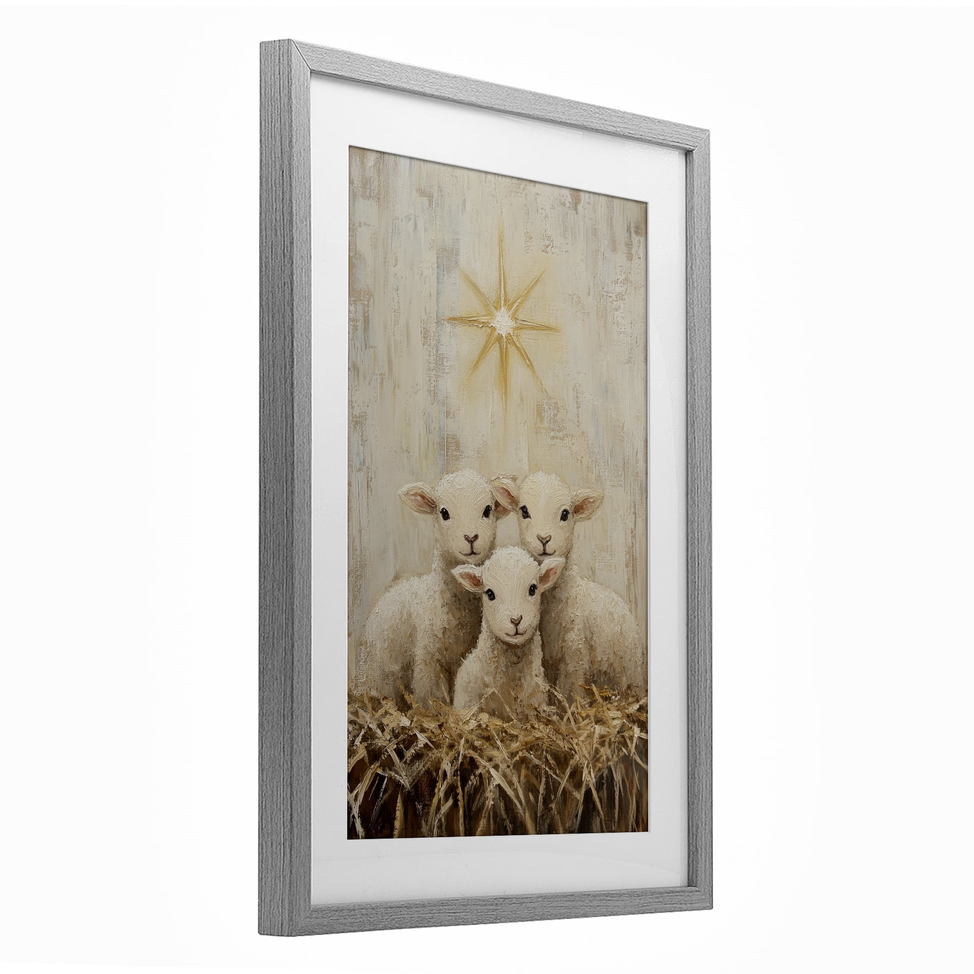 Christmas Lambs Trio Gray Framed Print Under Glass, design by Petal Prints Design