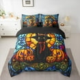 thumbnail image 2 of jejeloiu Cartoon Kitten Halloween Spooky Pumpkin Colorful Boho Glass Queen Comforter Sheet Set, Reversible Super Cozy Boys Bedding, 7pcs, 2 of 8