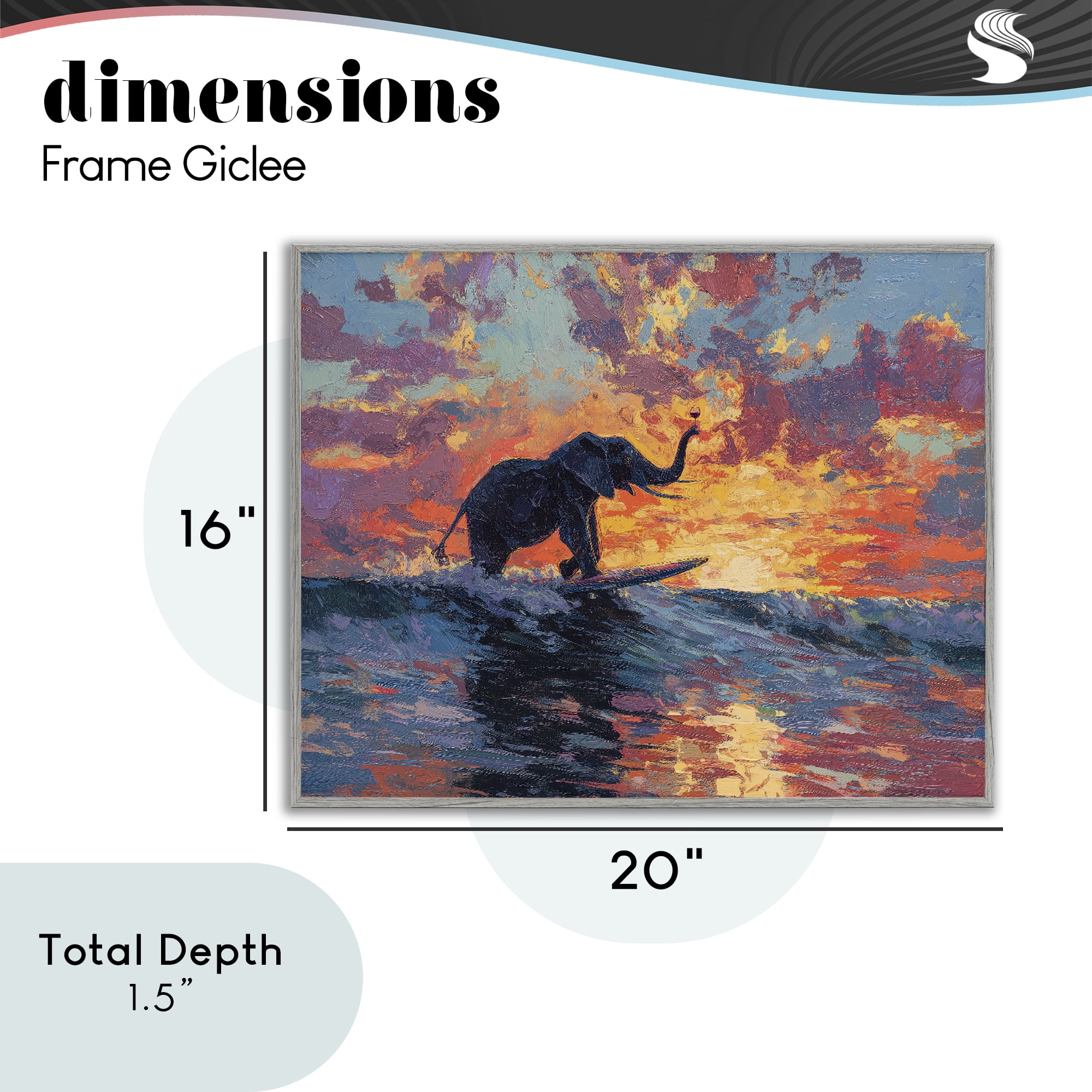 Sunset Surf Elephant Gray Framed Giclee Art, design by Ziwei Li