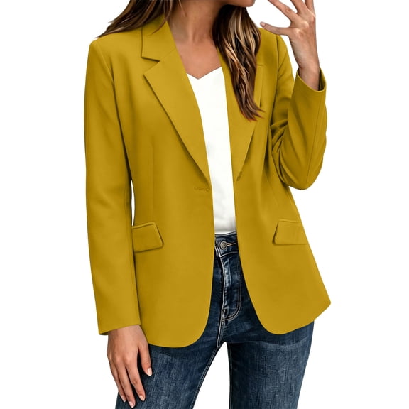 Plus Size Knit Blazer For Women, Solid Color Long Sleeve Cardigan Jacket With Pockets, Casual Business Work Office Blazer, Comfy Stretchy Suit Jacket Yellow XL