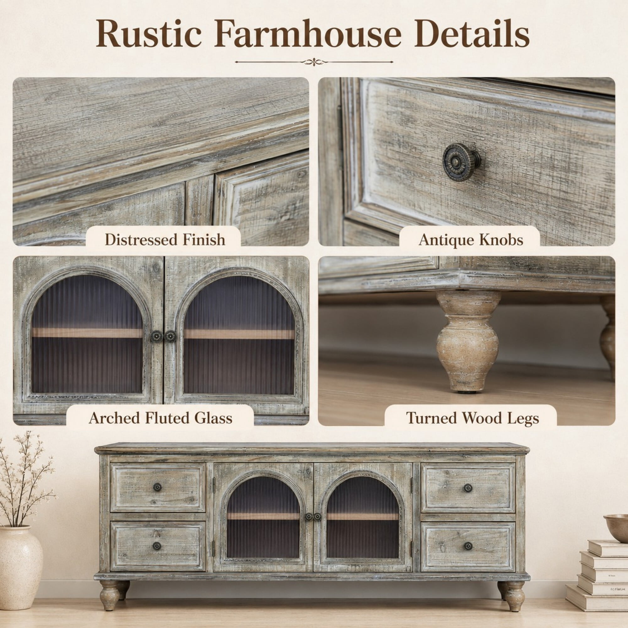 AENKYO 60 Inch Farmhouse TV Stand with 4 Drawers & 2 Glass Doors, Rustic Media Console – Gray Wash