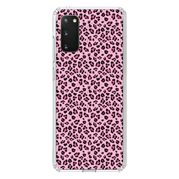 DistinctInk Clear Shockproof Hybrid Case for Galaxy S20 PLUS / 5G (6.7" Screen) - TPU Bumper, Acrylic Back, Tempered Glass Screen Protector - Black Pink Leopard Skin Spots