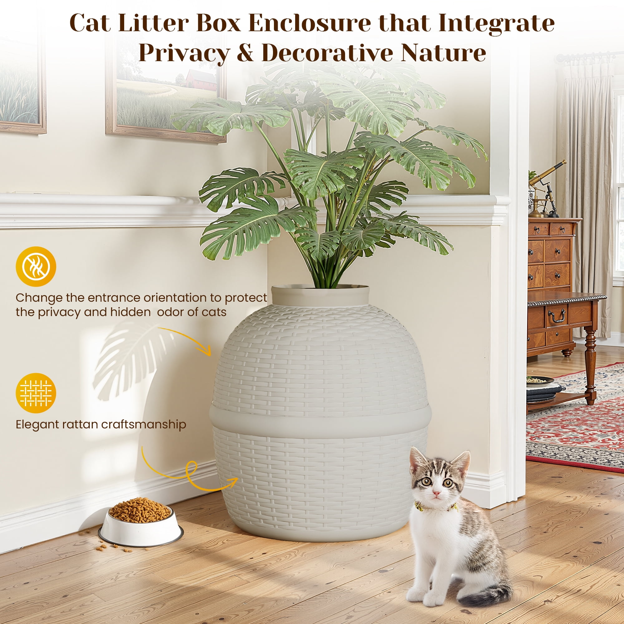 Royalcraft Plant Litter Box with Hidden Rattan Pattern - Waterproof, Carbon Filter - Large, Gray