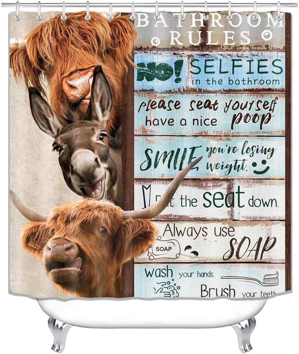 4PCS Funny Highland Cow Shower Curtain Set, Waterproof White Fabric Shower Curtain, Non-Slip Bath Mat Bathroom Rugs Sunflower Floral Farm Animal Western Country Rustic Farmhouse Bathroom Decor